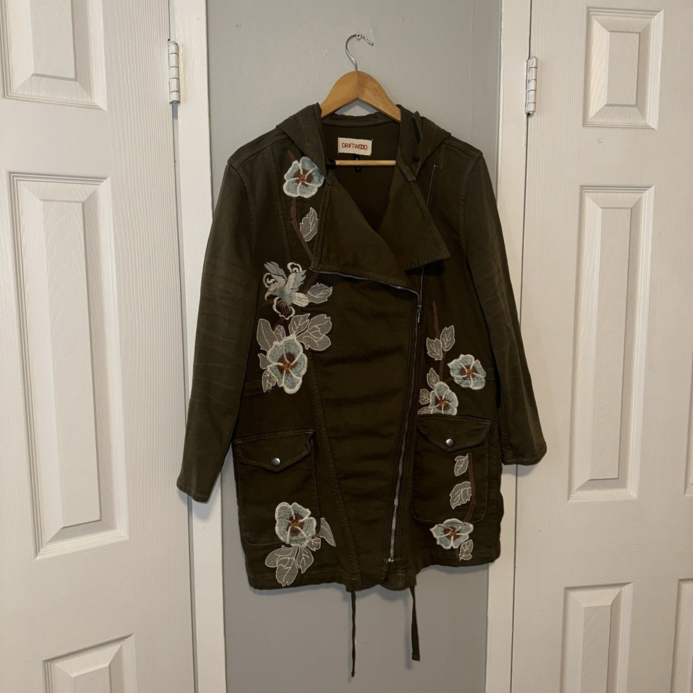 Anthropologie Driftwood Utility Jacket Floral Embroidered Sz Small Green